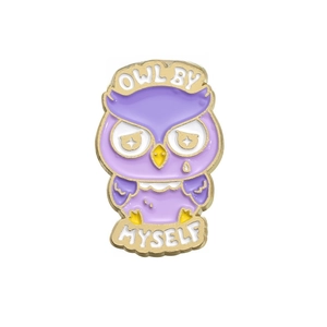 Cartoon purple owl enamel pin with gold metal finish and Owl By Myself lettering