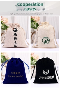 Detail of custom cotton linen and velvet drawstring bags with metallic gold foil printing