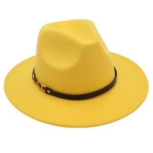 Close-up of bright yellow wool fedora hat featuring black leather belt and gold buckle
