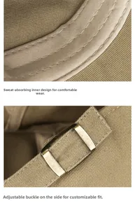 Détail du béret en coton kaki montrant la bande de confort et la boucle métallique