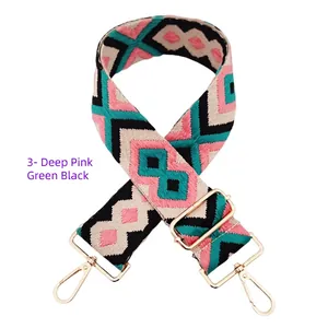 Detail of bohemian geometric rhombus jacquard strap with gold-tone alloy buckles