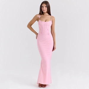 Robe midi rose dos nu avec bretelles rubans et silhouette sirène plissée pour femme