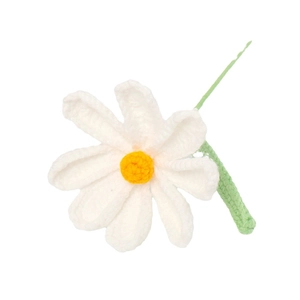 Handmade white crochet cosmos flower with yellow center and green stem on white background