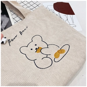 Close-up of beige corduroy tote bag with embroidered bear design and Bear Boar text