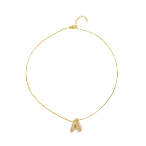 Gold plated initial A necklace with sparkling cubic zirconia on a white background