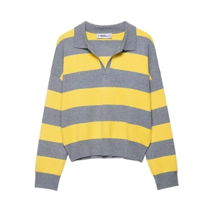 Women's yellow and grey striped knit polo sweater with long sleeves and V-neckline