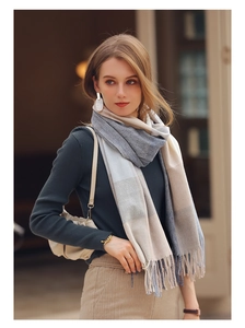 Detail of soft color-block scarf with fringe tassels worn in an outdoor street setting