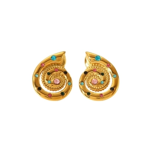 Elegant gold spiral snail earrings with colorful gemstones on a white background