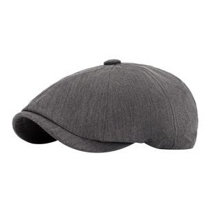 Dark grey herringbone newsboy cap for men in a classic British retro wool style