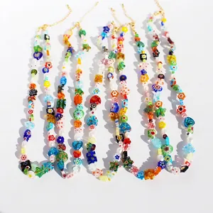 Colorful floral glass beads and pearls handmade choker necklace set for summer style