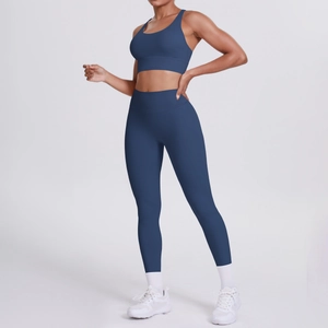 Détails de l'ensemble de yoga bleu foncé sans couture avec soutien-gorge et legging taille haute