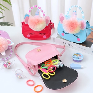 Cute unicorn crossbody bag with pearl handle and fuzzy pom pom for little girls