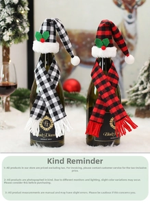 Macro detail of buffalo plaid Christmas wine bottle hat and scarf set with pom poms