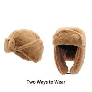 Brown faux rabbit fur trapper hat with ear flaps and buckle for winter outdoor warmth