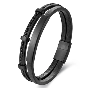 Men's double-layer black leather bracelet with beaded chain and magnetic steel clasp