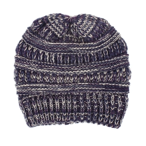 Detail of purple and white mixed knit beanie showing wave texture and ribbed hem