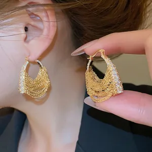 Luxury 18k gold plated multi-layer chain drop earrings with sparkling zircon stones