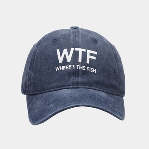 Close-up of washed denim baseball cap with white WTF WHERE'S THE FISH text print