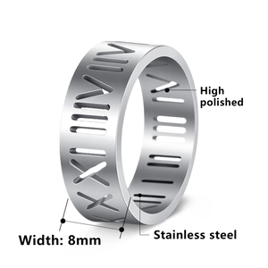 High polished 8mm stainless steel ring with hollow Roman numeral design on white background