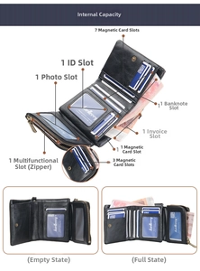 Detailed interior of vintage men's wallet with multiple card slots and zippered pocket