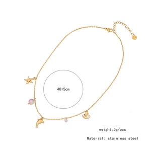 Detailed view of golden stainless steel necklace with starfish and shell charms, 40+5cm