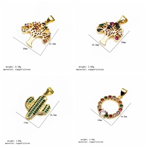 Detailed views of copper zircon pendants showing magic tree and cactus designs with dimensions