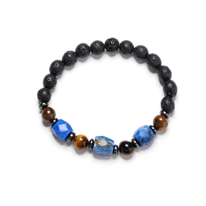 Lava stone and tiger eye beaded stretch bracelet with blue lapis lazuli geometric beads