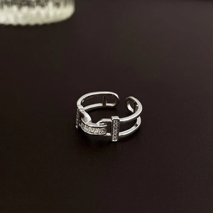 Silver plated open ring with double layer chain design and sparkling white zircons