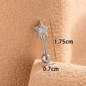 Star-shaped titanium steel ear cartilage piercing with colorful iridescent finish and measurements