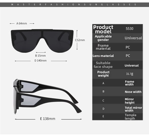 Detailed technical size chart for minimalist rimless sunglasses with PC lens specifications