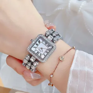 Elegant square silver watch with rhinestone-encrusted band and Roman numeral dial