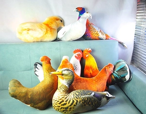 Realistic 3D print bird plush pillows featuring duck, rooster and hen on a blue sofa