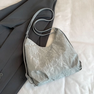 Silver large capacity crescent tote bag with pleated texture for summer minimalist commuting