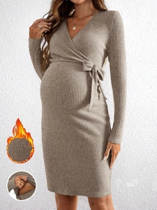 Robe De Maternité Allaitement Tricot Côtelé Manches Longues Col En V Taille Nouée Moulante Grossesse
