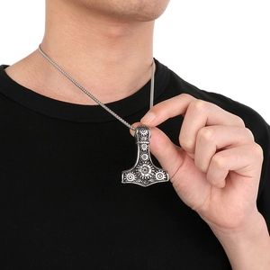Silver Thor's Hammer pendant with punk mechanical gear engraving on a neck chain