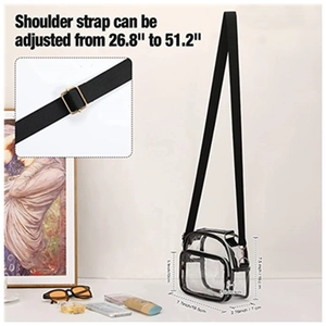 Detail of adjustable black strap and metal buckle on clear TPU crossbody bag