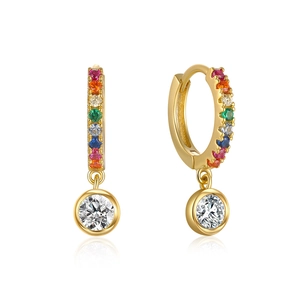 Macro shot of gold-plated hoop earrings featuring rainbow zircon and round drop stone