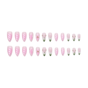 Pink gradient almond press-on nails with white waves and pearls, 24 piece nail kit