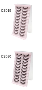Detail view of 10 pairs of dense, curly false eyelashes in styles DSD19 and DSD20