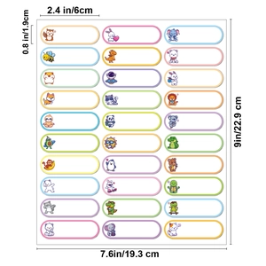 Vue détaillée de 30 étiquettes de nom imperméables avec motifs animaux et dimensions