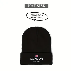 Size guide showing 56-58cm head circumference for the London embroidered knit beanie