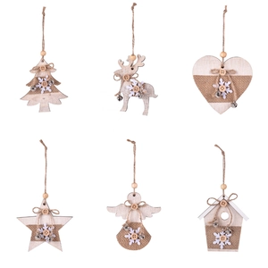 Set of 6 rustic wooden Christmas ornaments featuring stars, reindeer, and angel shapes