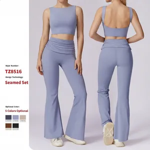 Women Nylon Spandex Sporty Fashion Ruched Waist Flare Leg Yoga Top And Bottom Solid Color Moisture Wicking Gym Workout Outfits