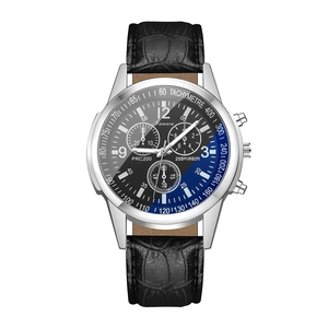 Mens fashion quartz chronograph watch with blue dial and black leather strap