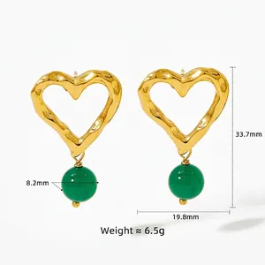 Blue agate and gold heart drop earrings with hammered texture and 33.7mm height