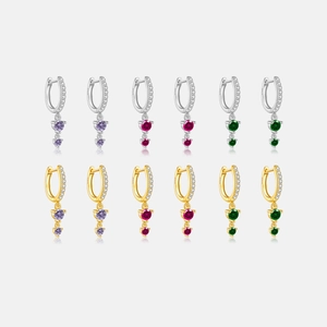 925 Sterling Silver Dangle Hoop Earrings Geometric Round Colorful Zircon Huggies Fashion Trendy Jewelry For Women