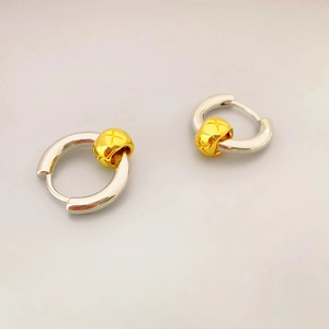French style two-tone quilted gold ball hoop earrings with polished silver finish