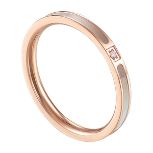 Minimalist 18k rose gold titanium steel ring with white shell inlay and a single diamond