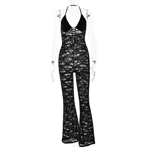 Sexy black lace halter neck jumpsuit with sheer hollow out details and backless design