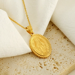Golden stainless steel oval necklace featuring a Virgin Mary relief on travertine stone